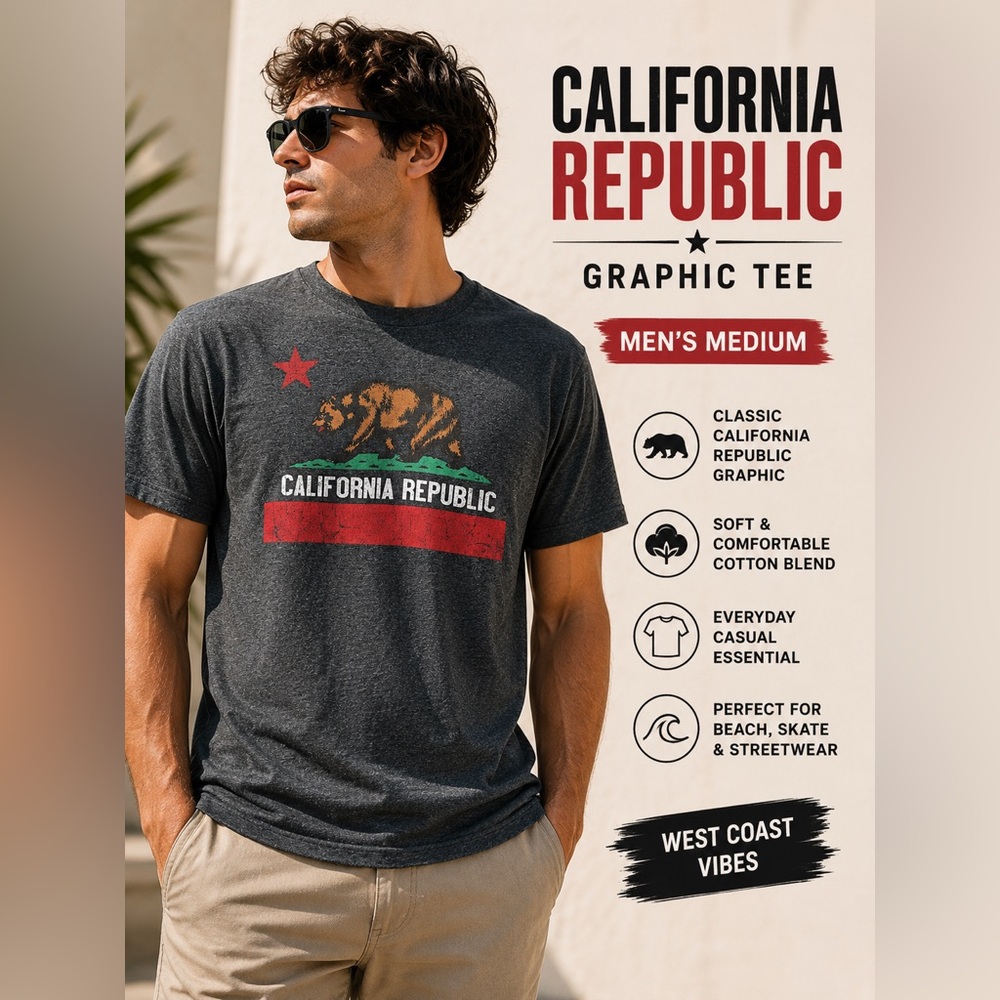 Men’s California Republic Bear Graphic T-Shirt Gray Casual Tee